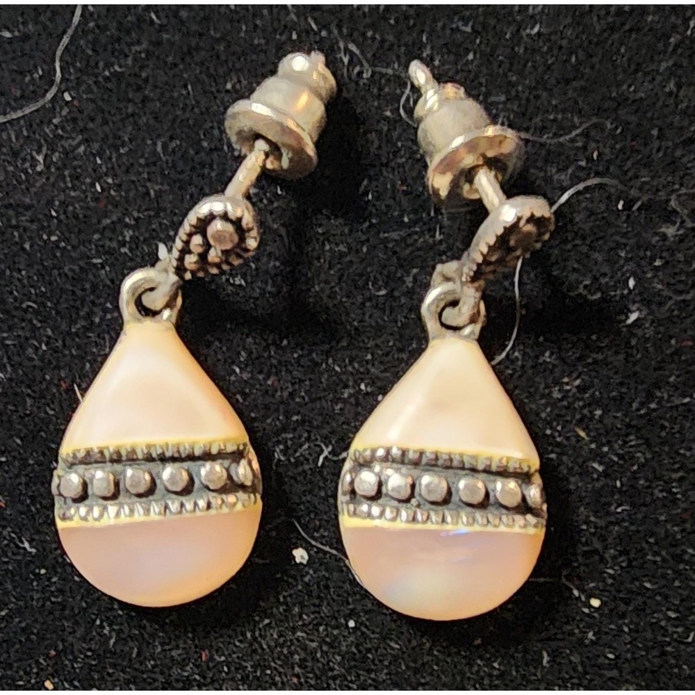 Vintage 925 Sterling Earrings Mother of Pearl Tear Drop Marcasite Art Deco